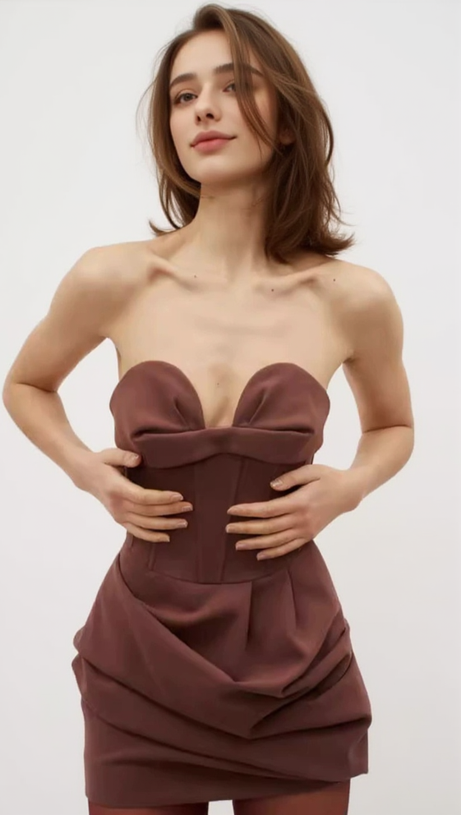 GRISELDA DRAPIERTES BUSTIER-MINIKLEID AUS WOLLMISCHUNG IN BRAUN