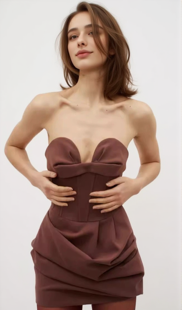 GRISELDA DRAPIERTES BUSTIER-MINIKLEID AUS WOLLMISCHUNG IN BRAUN