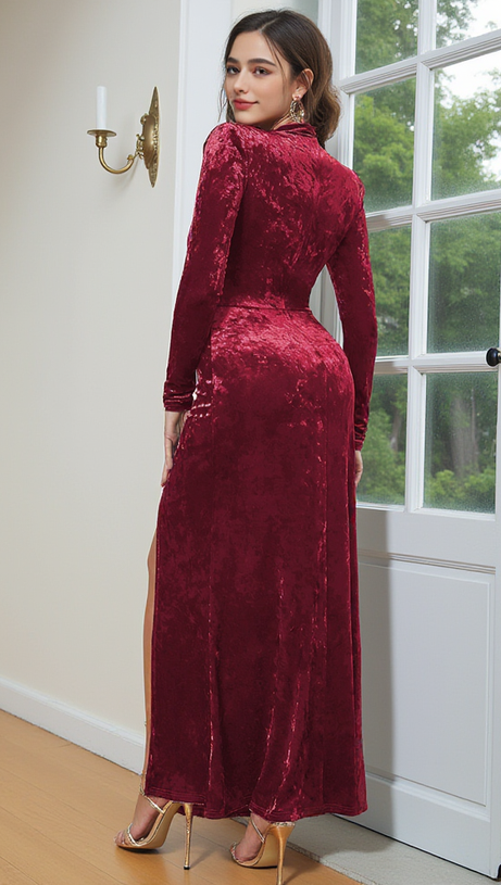 VELVET HIGH NECK HOLLOW WAIST MAXI DRESS IN BURGUNDY