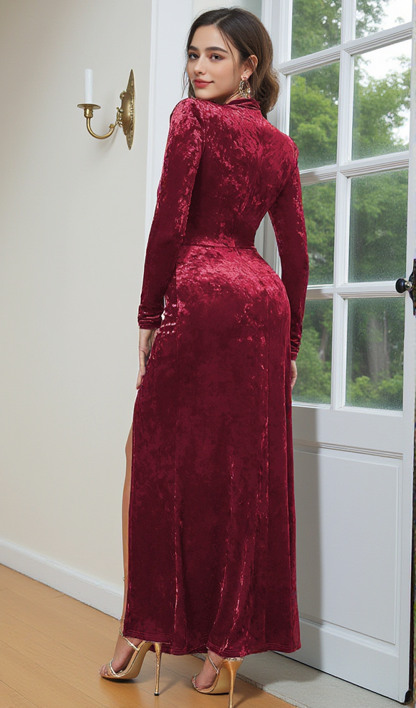 AIIZIE VELVET HIGH NECK HOLLOW WAIST MAXI DRESS IN BURGUNDY - product image