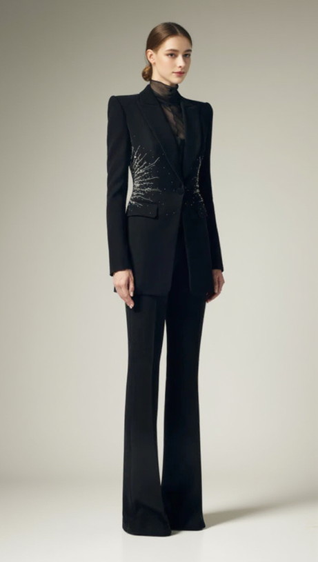 BLACK BEADED DIAMOND-ENCRUSTED BLAZER TROUSERS SET