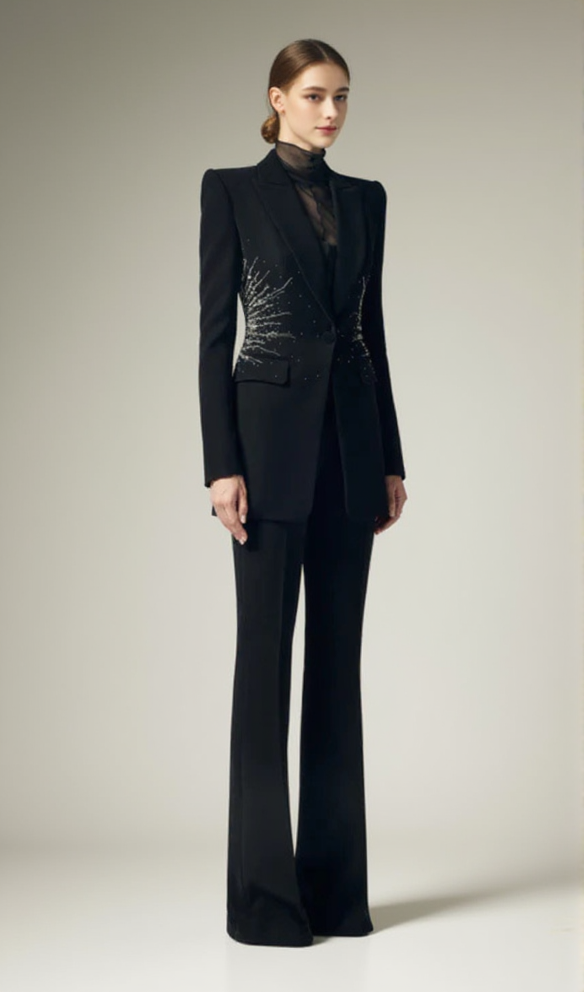 AIIZIE BLACK BEADED DIAMOND-ENCRUSTED BLAZER TROUSERS SET - product image