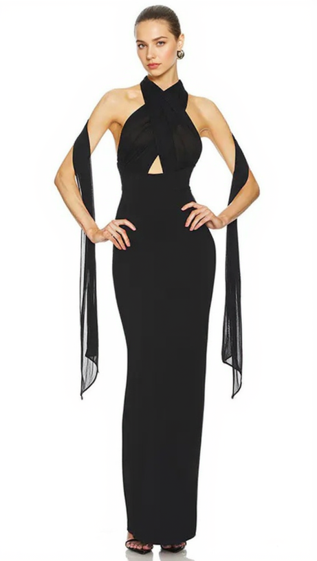 MERRY BLACK SHEER MESH UPPER PONTE LOWER MAXI DRESS