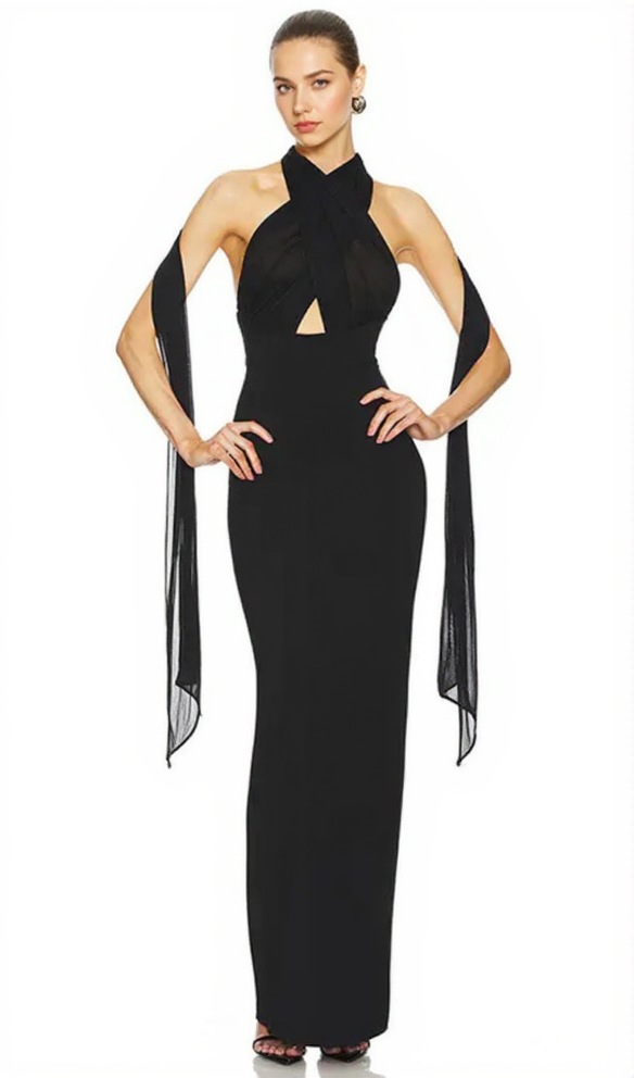 AIIZIE MERRY BLACK SHEER MESH UPPER PONTE LOWER MAXI DRESS - product image