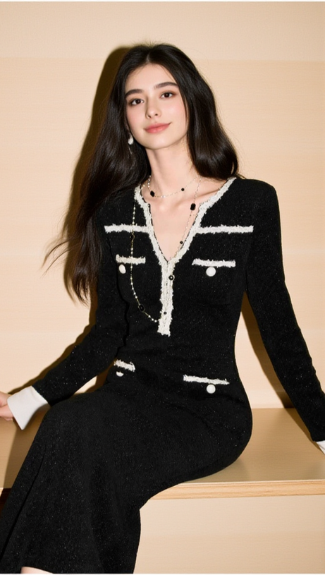 METALLIC YARN VELVET MIDI DRESS IN BLACK