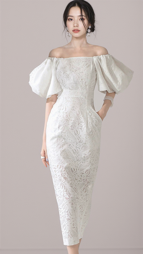 NATALIE PUFF SLEEVE OFF SHOULDER WHITE LACE MIDI DRESS