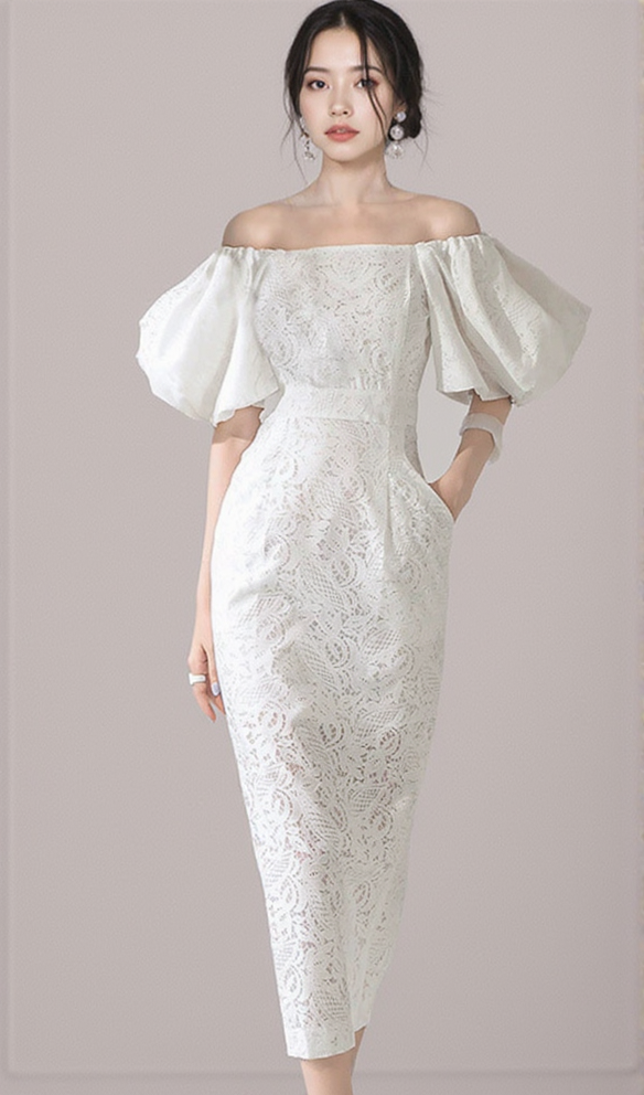 NATALIE PUFF SLEEVE OFF SHOULDER WHITE LACE MIDI DRESS