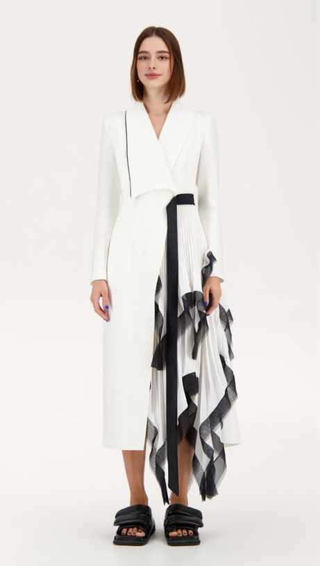 ASYMMETRIC PLEATED RUFFLE TRIM BLAZER DRESS IN WHITE