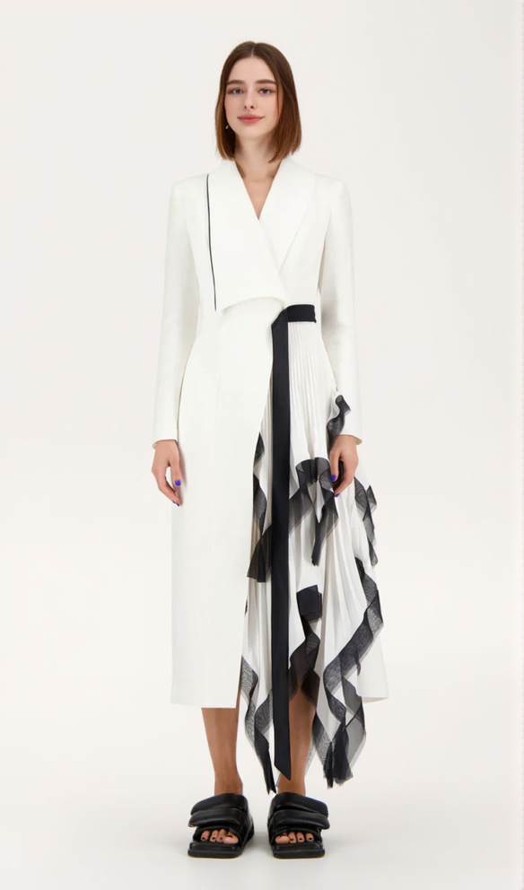 AIIZIE ASYMMETRIC PLEATED RUFFLE TRIM BLAZER DRESS IN WHITE - product image