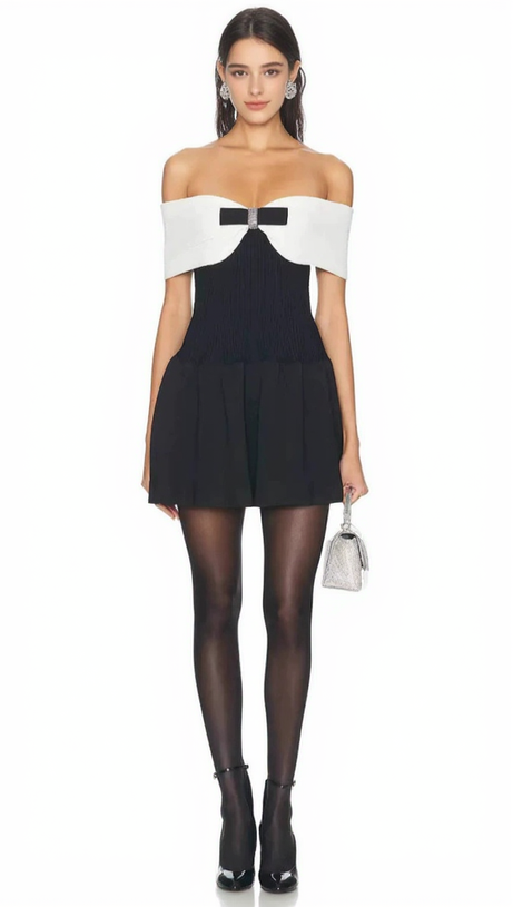 BLACK OFF-SHOULDER KNIT BOW MINI DRESS