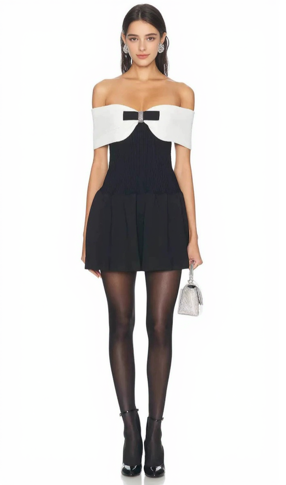 BLACK OFF-SHOULDER KNIT BOW MINI DRESS