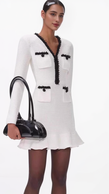 WHITE PEARL TRIM KNIT MINI DRESS