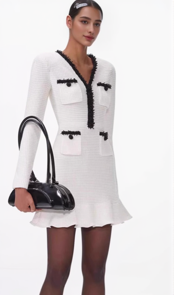 WHITE PEARL TRIM KNIT MINI DRESS