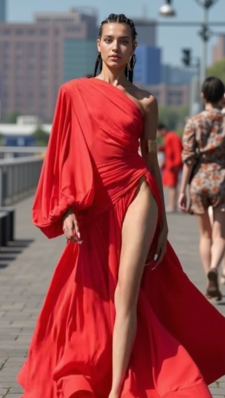 MEGAN RED SATIN PLEAT ONE-SHOULDER LONG SLEEVE MAXI DRESS