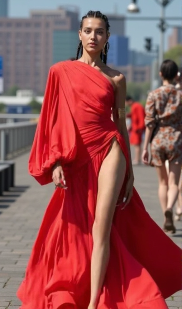 AIIZIE MEGAN RED SATIN PLEAT ONE-SHOULDER LONG SLEEVE MAXI DRESS - product image