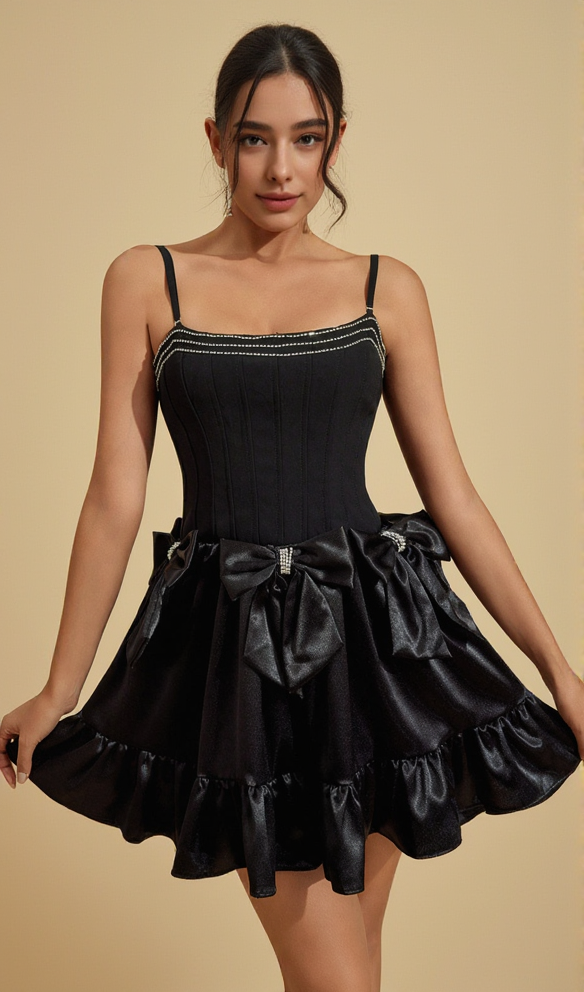 AIIZIE DIAMOND BOW MINI DRESS IN BLACK - product image