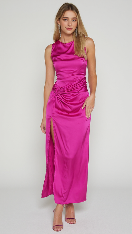 TWIST DETAIL MIDI DRESS IN FUCHSIA