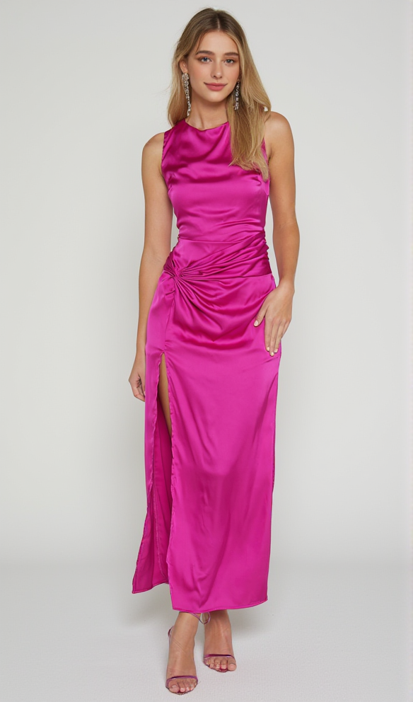 TWIST DETAIL MIDI DRESS IN FUCHSIA