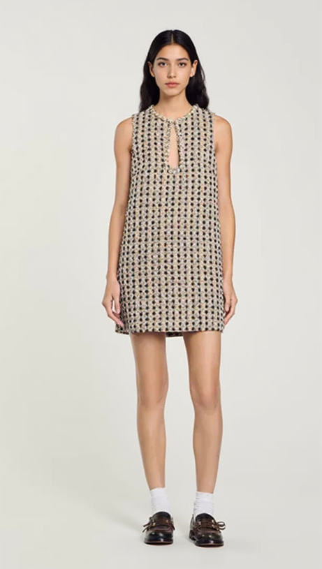 POPPY RHINESTONE-EMBELLISHED TWEED CAMEL MINI DRESS