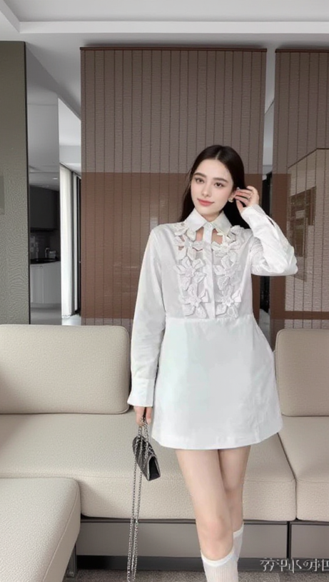 ETHEL – Hemdblusenkleid mit Blumenmuster und langen Ärmeln in Weiß