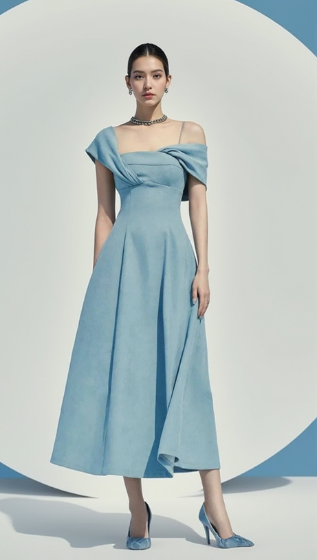 NAOMI ONE-SHOULDER STRAP MIDI DRESS IN BLUE