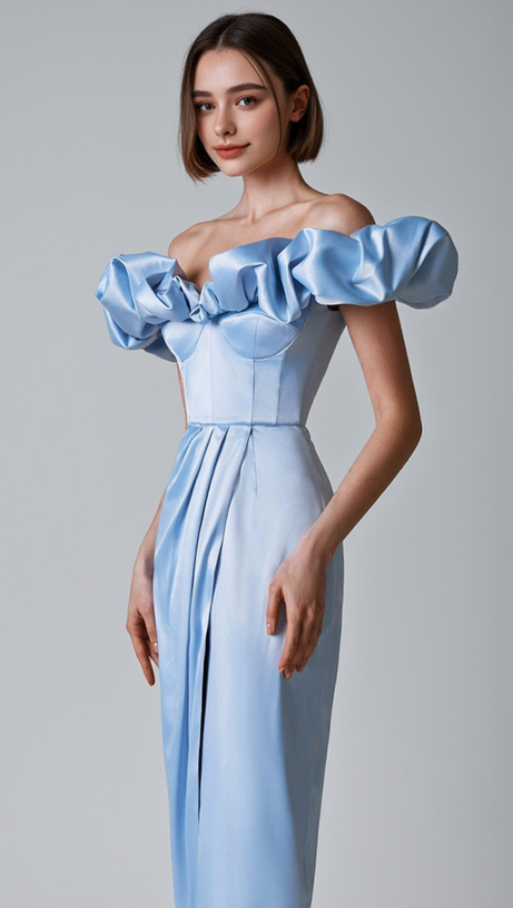 GLADYS BLUE CRYSTAL OFF-SHOULDER MAXI SPLIT DRESS