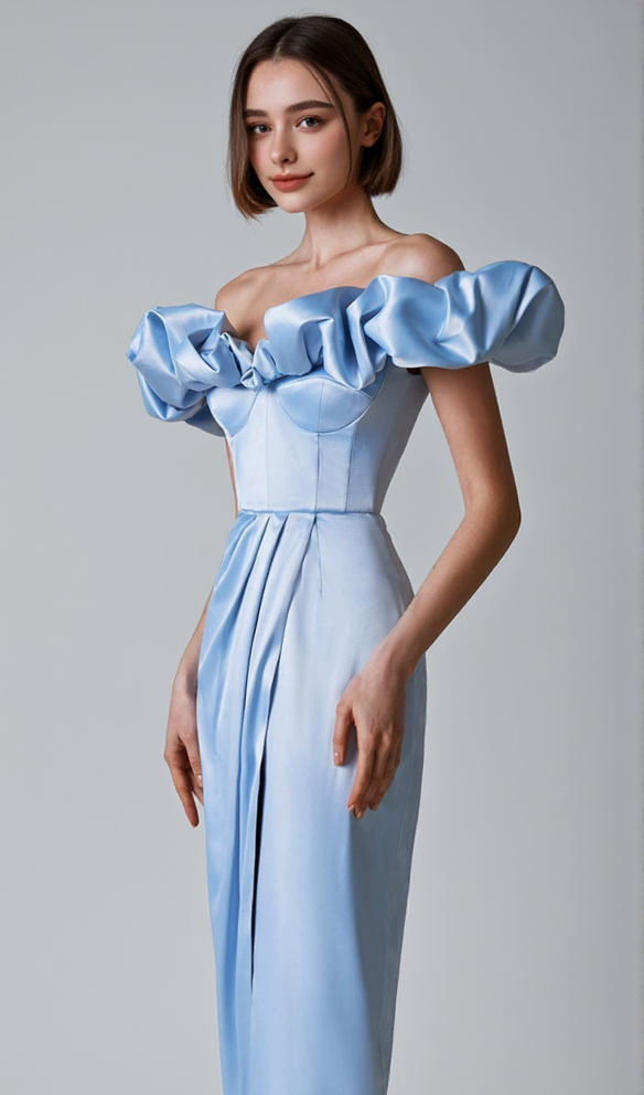 GLADYS BLUE CRYSTAL OFF-SHOULDER MAXI SPLIT DRESS