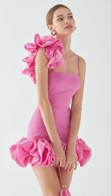 ANDREA PINK FLOWER TRIM STRAP MINI DRESS