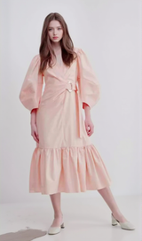 ANTONIA PINK PUFF SLEEVE RUFFLE MIDI DRESS