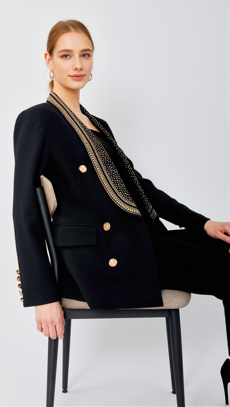 GAIL BEADED COLLAR LACE-UP DOUBLE BREASTED DRESSY BLAZER