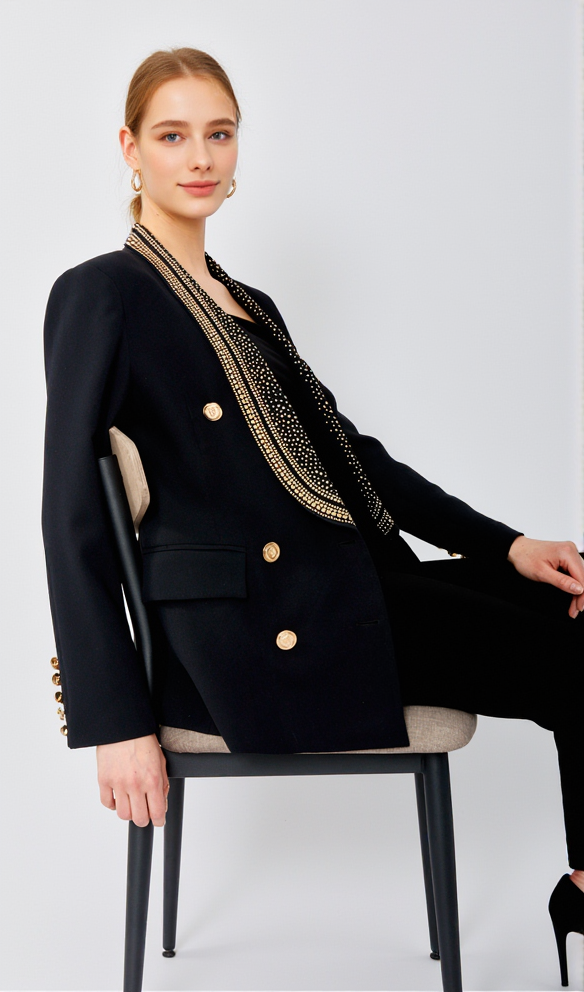 AIIZIE GAIL BEADED COLLAR LACE-UP DOUBLE BREASTED DRESSY BLAZER - product image