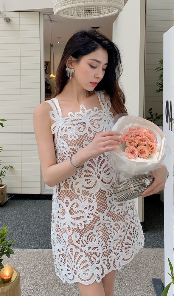 ODELETTE WHITE GUIPURE LACE MINI DRESS