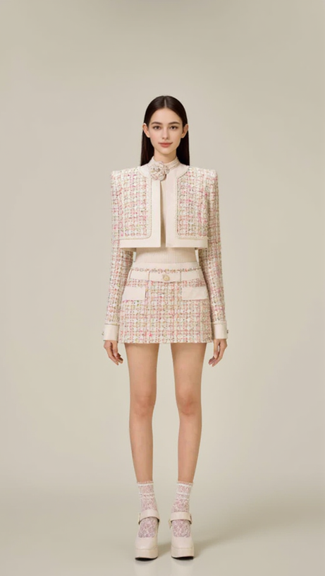 CARLIN PATCHWORK TWEED MINI SKIRT IN PINK