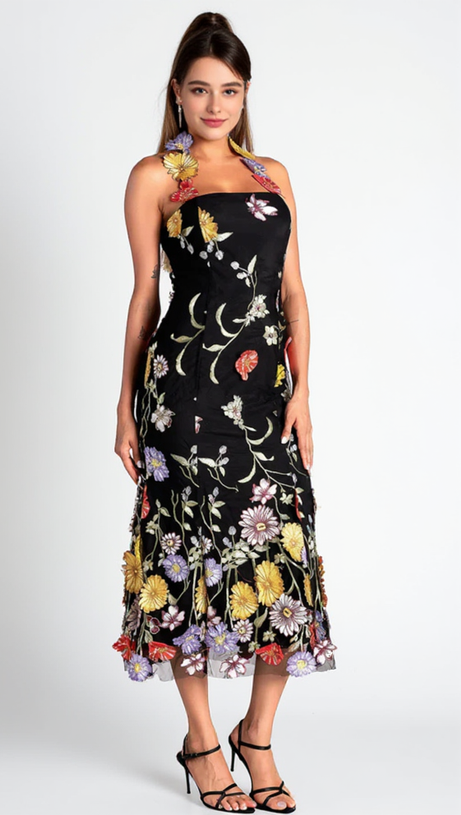 HALTER EMBROIDER FLORAL MIDI DRESS IN BLACK