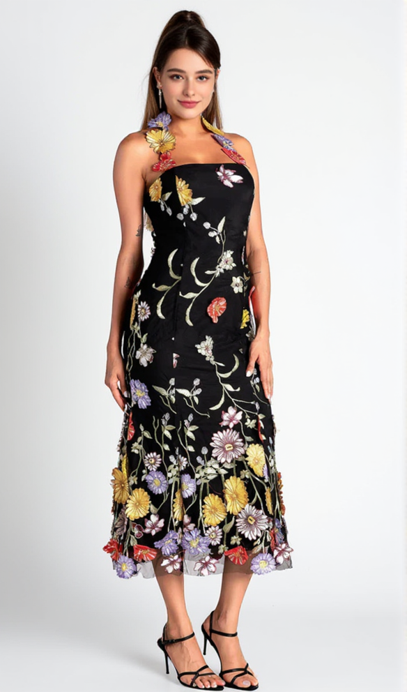 Halter Embroider Floral midi Dress in black