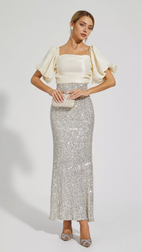 MARIA APRICOT BOW SEQUINS EMBELLISHED MAXI DRESS