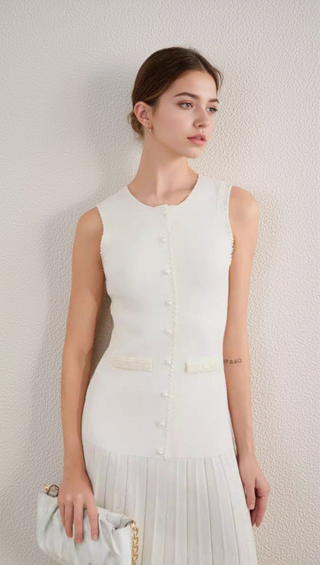 SALOME BEADED TRIM SLEEVELESS KNIT APRICOT MIDI DRESS