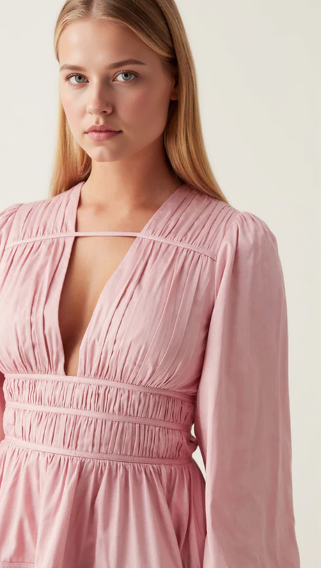 VALERIE FALLINGWATER RUCHED MINI DRESS IN PINK