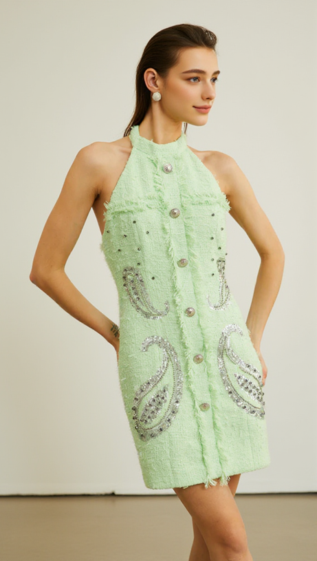 GEMMA PAISLEY-EMBELLISHED TWEED MINI DRESS IN GREEN