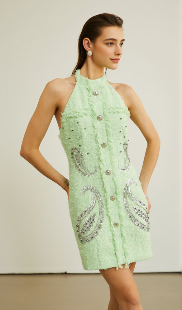 AIIZIE GEMMA PAISLEY-EMBELLISHED TWEED MINI DRESS IN GREEN - product image