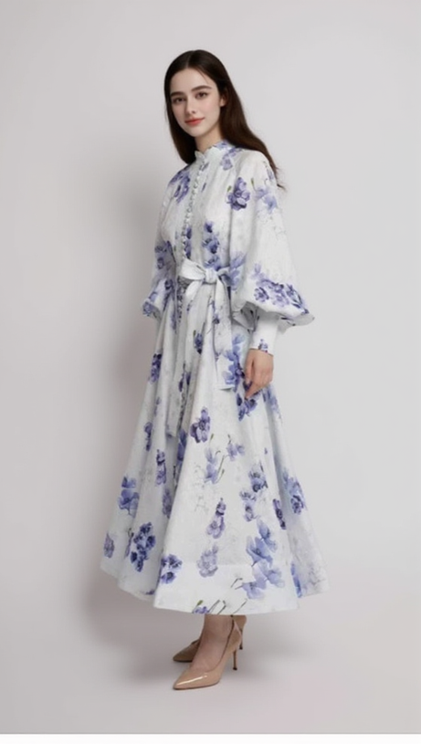 LANTERN SLEEVE FLORAL PRINT MAXI DRESS IN BLUE