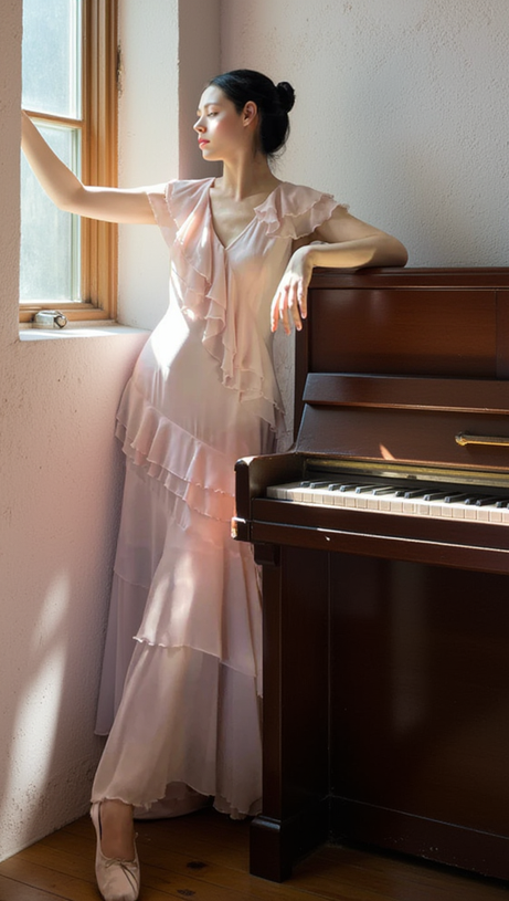 RUFFLED MAXI DRESS IN PALE PINK