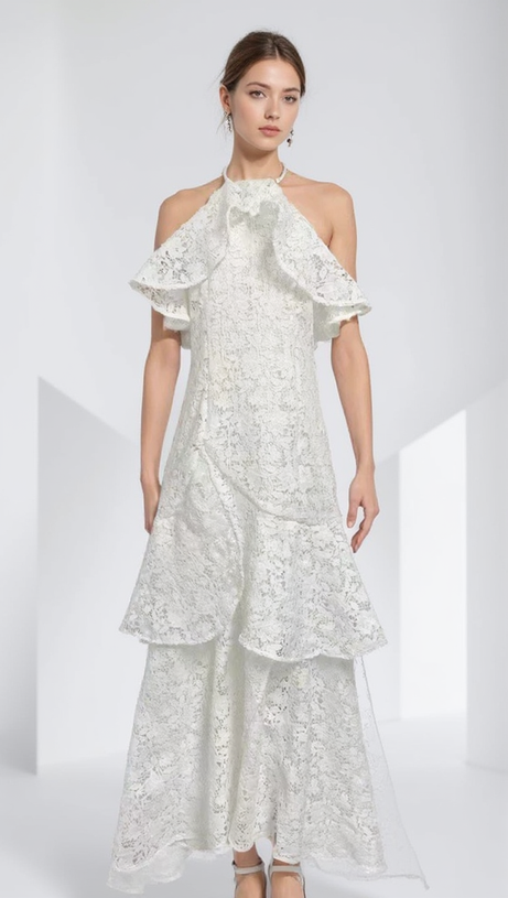 LYNN GARDENIA GUIPURE LACE RUFFLE GOWN IN WHITE