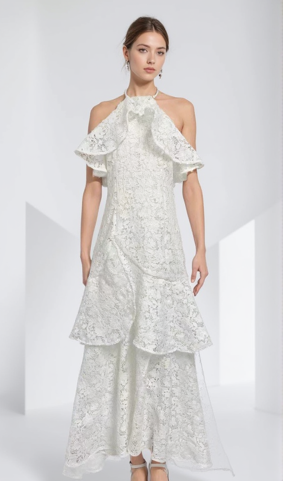 AIIZIE LYNN GARDENIA GUIPURE LACE RUFFLE GOWN IN WHITE - product image