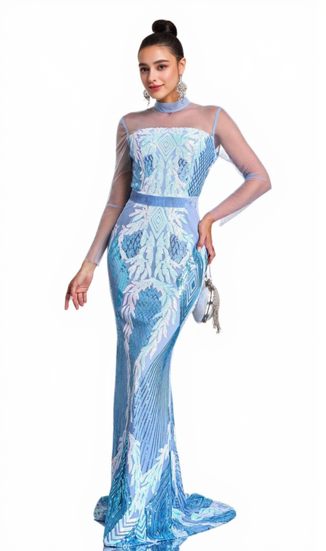 Meerjungfrau-Maxikleid mit Stehkragen in Hellblau