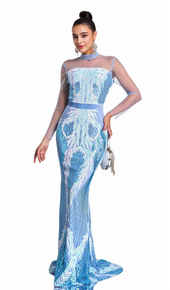 STAND COLLAR MERMAID MAXI DRESS IN LIGHT BLUE
