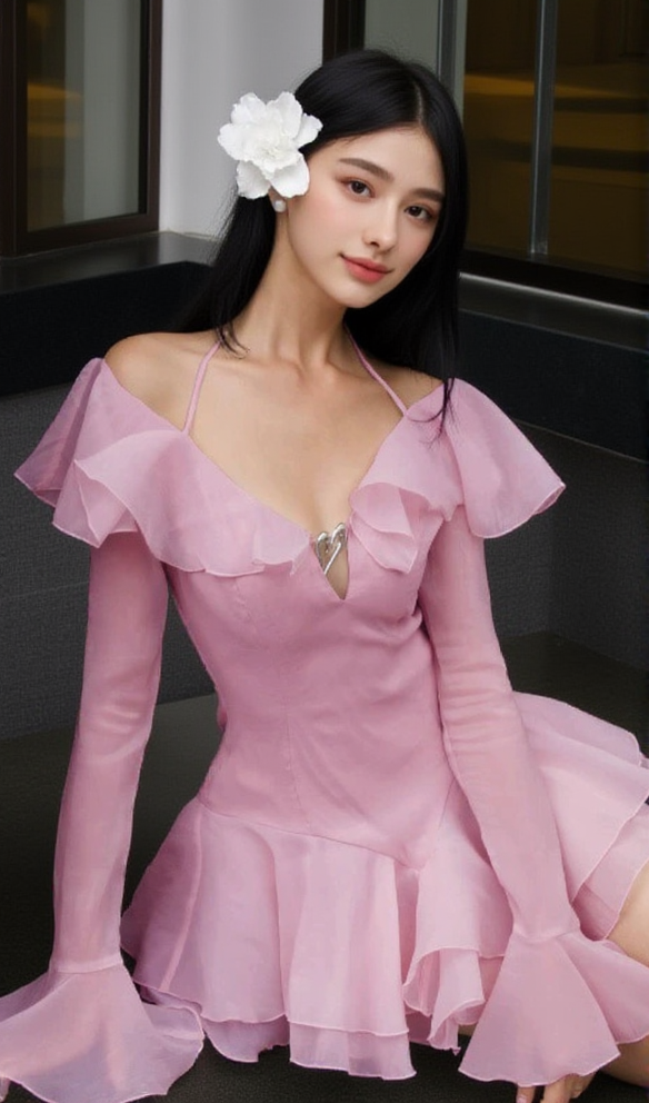AIIZIE BRANDEE PINK LONG SLEEVE RUFFLE HEM MINI DRESS - product image