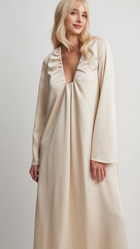 SATIN GATHERED NECKLINE MAXI DRESS