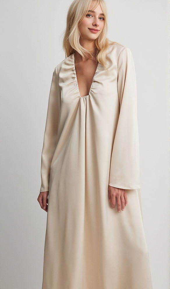 SATIN GATHERED NECKLINE MAXI DRESS