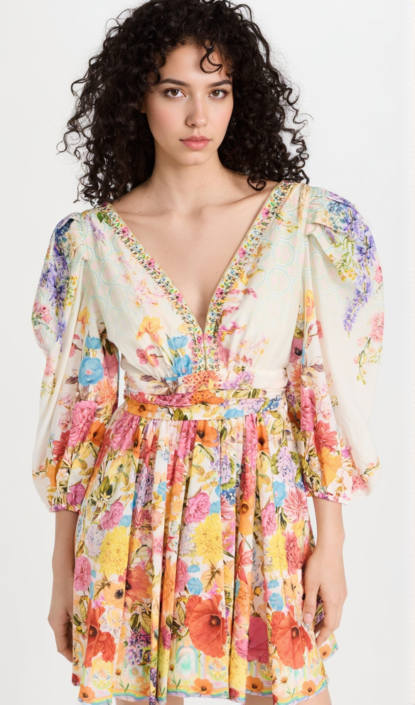 PUFF SLEEVE PRINT SILK MINI DRESS